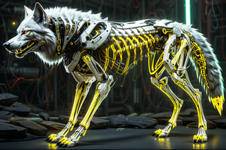 Imagine a cyberpunk-style anatomical artwork of a wolf monster. The creature's body is transparent, revealing its intricate internal skeleton. Neon lights highlight the bones, giving them a glowing, futuristic look. Wires and cybernetic implants intertwine with the bones, adding a high-tech aspect to its anatomy. The wolf's eyes are luminous with digital irises, and its claws are reinforced with metallic enhancements. The background features a dark,c1bo,cyborg