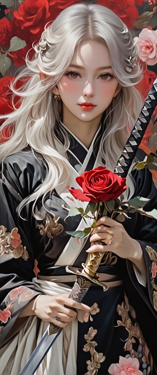 woman in a black robe holding a sword and a rose bush., white-haired deity, beautiful elf in ornate robes, she is holding a sword, ornate Korean polearm behind her, long sword in her hand, holding a sword in her shoulder, holy sword in her hands, with long white hair, long silver hair with a flower, ornate cosplay dark and moody style, perfect face, outstretched perfect hands . masterpiece, professional, award-winning, intricate details, ultra high detailed, 64k, dramatic light, volumetric light, dynamic lighting, Epic, splash art .. ), by james jean $, roby dwi antono $, ross tran $. francis bacon $, michal mraz $, adrian ghenie $, petra cortright $, gerhard richter $, takato yamamoto $, ashley wood, tense atmospheric, , , , sooyaaa,IMGFIX,Comic Book-Style,Movie Aesthetic,action shot,photo r3al,bad quality image,oil painting, cinematic moviemaker style,Japan Vibes,H effect,koh_yunjung ,koh_yunjung,kwon-nara,sooyaaa,colorful,bones,skulls,armor,han-hyoju-xl
,DonMn1ghtm4reXL, , , , , ,large-eyed 