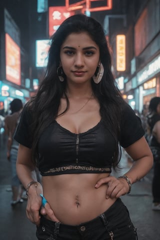 Cyberpunk style, Neon light, city background ,1girl, solo, long hair, 1girl, solo, navel, jewelery earrings, midriff, bracelet, realisticbreasts, looking at viewer, smile, large breasts, black hair, navel, cleavage, jewelry, earrings, short_pants, black top, midriff, outdoors, bracelet, hand on hip, bed, black top, realistic,80' Malayalam actress unni mary,photorealistic,80' girl,Mallu old actress,Malayalam movie actress unni mary:1.5,CyberpunkWorld, realism