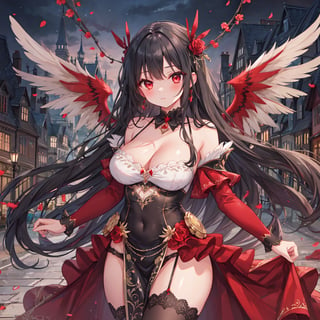 magic Girl with black Doubletailhair and beautiful detailed red eyes.
European city scenery background.