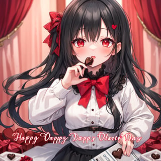 1 girl with long black hair and red eyes,
Valentine's Day Give chocolates