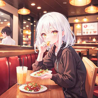 1 Girl with white hair and beautiful detailed golden eyes. 
Eating at a family restaurant.