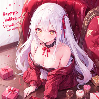 1 Girl with white hair and beautiful detailed golden eyes.
2025 Valentine's Day Give chocolates.