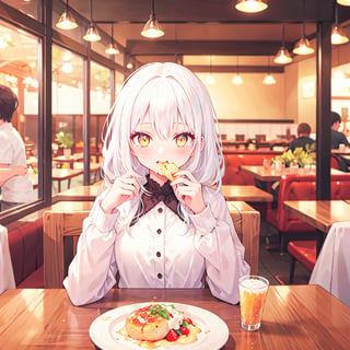 1 Girl with white hair and beautiful detailed golden eyes. 
Eating at a family restaurant.