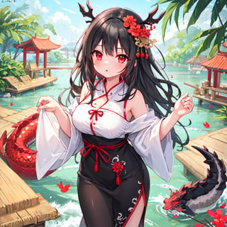 1 girl with long black hair and red eyes.
Send rice dumplings during the Dragon Boat Festival.