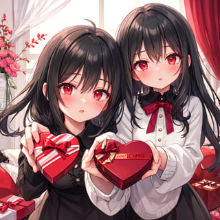 1 girl with long black hair and red eyes,
Valentine's Day Give chocolates.