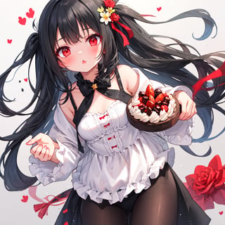 1 girl with long black hair and red eyes.
eat sweets.