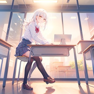 1 Girl with white hair and beautiful detailed golden eyes.
Wear school uniform and sit in class Neat desk.
