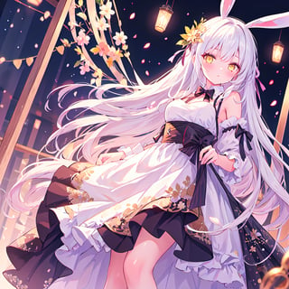 1 Girl with long white hair and beautiful detailed golden eyes.
Dressed as a bunny girl.