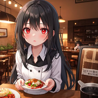 1 girl with long black hair and red eyes.
table cuisine.