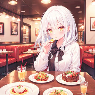 1 Girl with white hair and beautiful detailed golden eyes. 
Eating at a family restaurant.