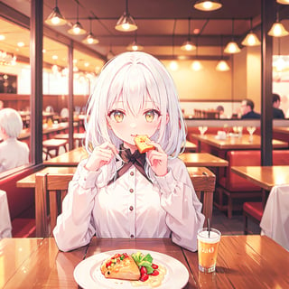 1 Girl with white hair and beautiful detailed golden eyes. 
Eating at a family restaurant.