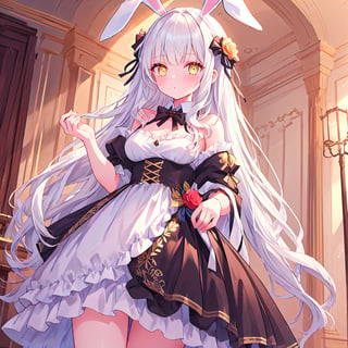1 Girl with long white hair and beautiful detailed golden eyes.
Dressed as a bunny girl.