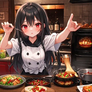 1 girl with long black hair and red eyes.
cookingtable cuisine.