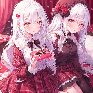 1 Girl with white hair and beautiful detailed golden eyes.
Valentine's Day Give chocolates.