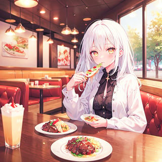 1 Girl with white hair and beautiful detailed golden eyes. 
Eating at a family restaurant.