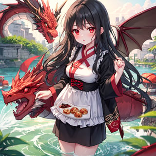 1 girl with long black hair and red eyes.
Dragon Boat Festival dumplings.