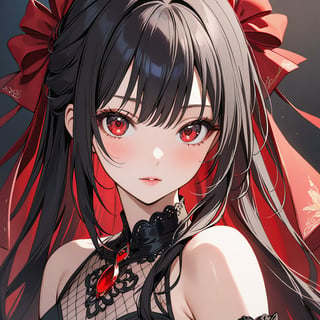1 Girl with black hair and beautiful detailed red eyes.