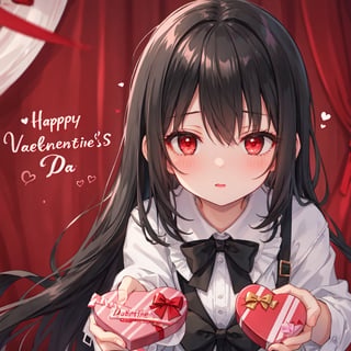 1 girl with long black hair and red eyes,
Valentine's Day Give chocolates