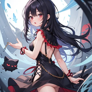 1 Girl with Doubletail blackhair and red eyes magic dress,

