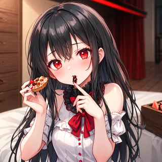 1 girl with long black hair and red eyes,eat sweets