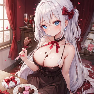 1 woman with long white hair and beautiful detailed blue eyes.
Valentine's Day Give chocolates.