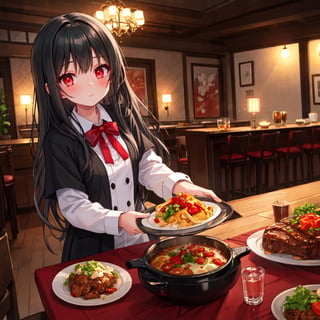 1 girl with long black hair and red eyes.
table cuisine.