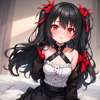 1 girl with long black hair and red eyes.
Incoming kiss.