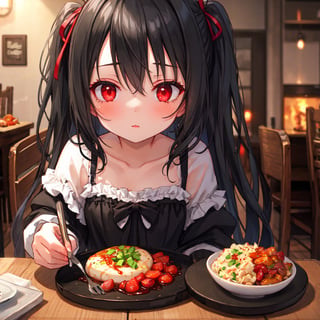 1 girl with long black hair and red eyes.
table cuisine.