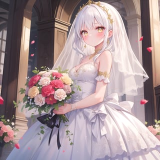 1 Girl with white hair and beautiful detailed golden eyes.
Dressed as a bride Get the bouquet.