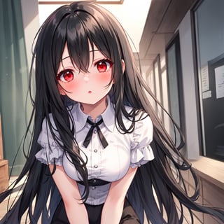 1 girl with long black hair and red eyes.
Incoming kiss.