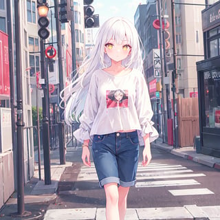 1 Girl with white hair and beautiful detailed golden eyes.
Wearing casual clothes,walking in the street