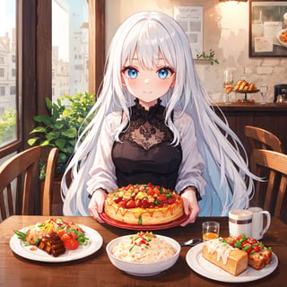 1 woman with long white hair and blue eyes.
Table food.