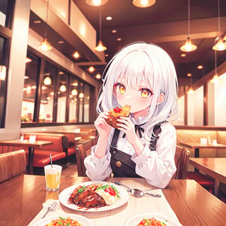 1 Girl with white hair and beautiful detailed golden eyes. 
Eating at a family restaurant.