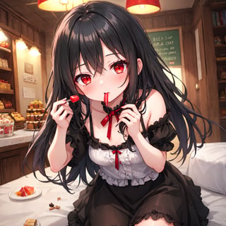 1 girl with long black hair and red eyes,eat sweets.