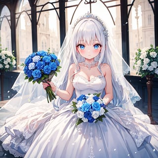 1 woman with long white hair and beautiful detailed blue eyes.
Dressed as a bride Get the bouquet.
