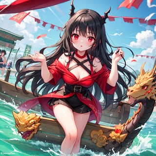 1 girl with long black hair and red eyes.
dragon boat festival.