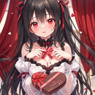 1 girl with long black hair and red eyes.
Valentine's Day Give chocolates.