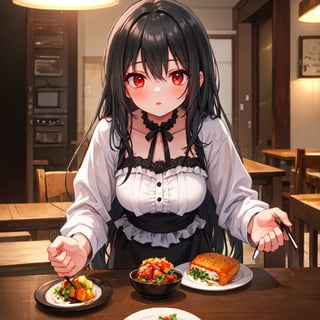 1 girl with long black hair and red eyes.
table cuisine.