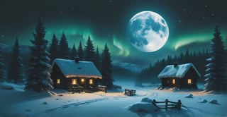 Create an ultra-realistic image of a nighttime Lapland landscape with abundant snow. Its a dark night, The conifers are frozen and covered in white. A small village is illuminated, creating a warm atmosphere in the midst of this winter scene. An aurora borealis lights up the sky, a super big moon is in the sky, adding a magical touch to the scene. The image should evoke serenity and calm. The photo should be taken with a Panasonic Lumix S5 II, with perfect brightness and contrast, worthy of winning a photography award