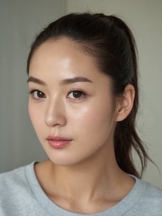 beautiful korean mix french girl, 30 years old. Average body, bright honey eyes with sharp size, full lips, long eyelashes. Black, ponytail, soul and spiritual mentor. T-Shirts,cinematic,photorealistic,masterpiece,1 girl ,best quality, sharp_nose