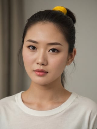 pretty korean mix chinese girl, 30 years old. Average body, bright honey eyes with sharp size, full lips, long eyelashes. Black, ponytail, soul and spiritual mentor. T-Shirts,cinematic,photorealistic,masterpiece,1 girl ,best quality