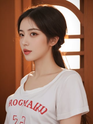 Pretty chinese mix korean girl in malaysia, 30 years old. Average body, bright honey eyes with sharp size, sexy lips, long eyelashes. Black, ponytail, soul and spiritual mentor. T-Shirts,mj,cozy,cinematic,photorealistic