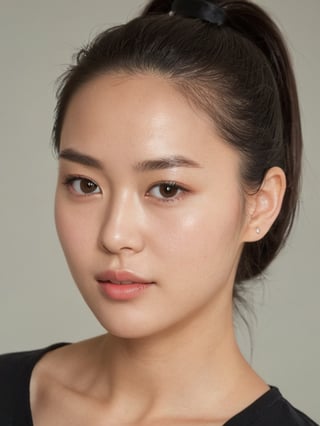 beautiful korean mix french girl, 30 years old. Average body, bright honey eyes with sharp size, full lips, long eyelashes. Black, ponytail, soul and spiritual mentor. T-Shirts,cinematic,photorealistic,masterpiece,1 girl ,best quality