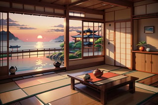 indoors, japanese style living room, sunset, no humans, fences window, street, fireplace, reflection, living house, tatami, table,  warm color, realistic, ocean, high foor condo, Dream House, tea_pot