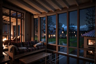 indoors, sky, night, no humans, window, street, fireplace, reflection, living house, sofa, railing, house,treehouse