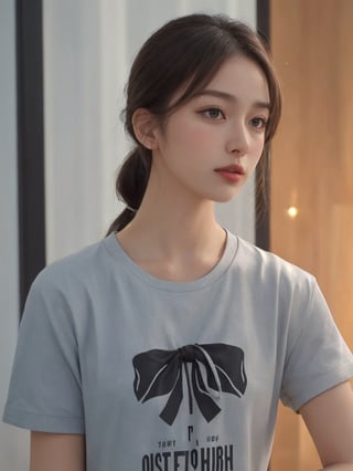 pretty korean mix french girl in malaysia, 30 years old. Average body, bright honey eyes with sharp size, full lips, long eyelashes. Black, ponytail, soul and spiritual mentor. T-Shirts,cinematic,photorealistic,masterpiece,1 girl ,best quality