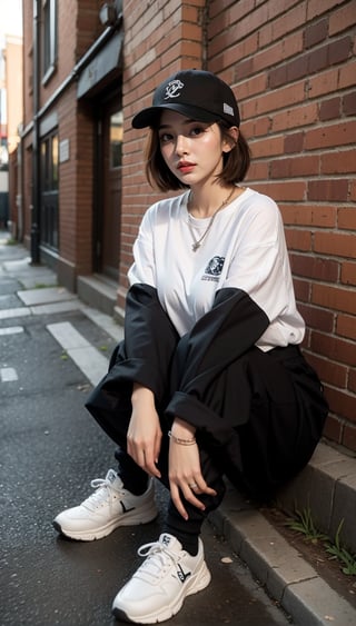 1girl, solo, breasts, brown hair, (medium breasts:1.2), (sitting), hugging, full body, parted lips, front view, kelthy, wearing Oversized white button-down shirt with the sleeves rolled up, Baggy cargo pants with cuffed ankles, Graphic t-shirt peeking out from under the shirt, Baseball cap worn backwards with a bold logo and Layered necklaces with a mix of chains and pendants, Chunky sneakers with a vintage vibe, (Grunge-inspired alleyway with brick walls and graffiti art background