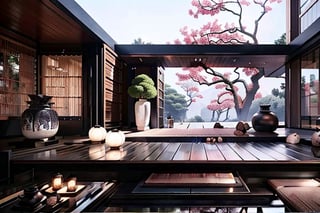 indoor, japanese style living room, no humans, fences window, street, reflection, living house, tatami, table,  warm color, realistic, Dream House, tea_pot, purple, sakura, EpicHouse, materpeiece