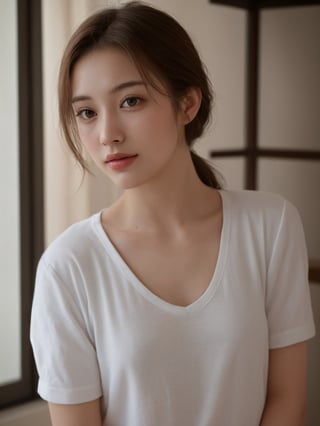 pretty japanese mix french girl in malaysia, 30 years old. Average body, bright honey eyes with sharp size, full lips, long eyelashes. Black, ponytail, soul and spiritual mentor. T-Shirts,cinematic,photorealistic,masterpiece,1 girl 